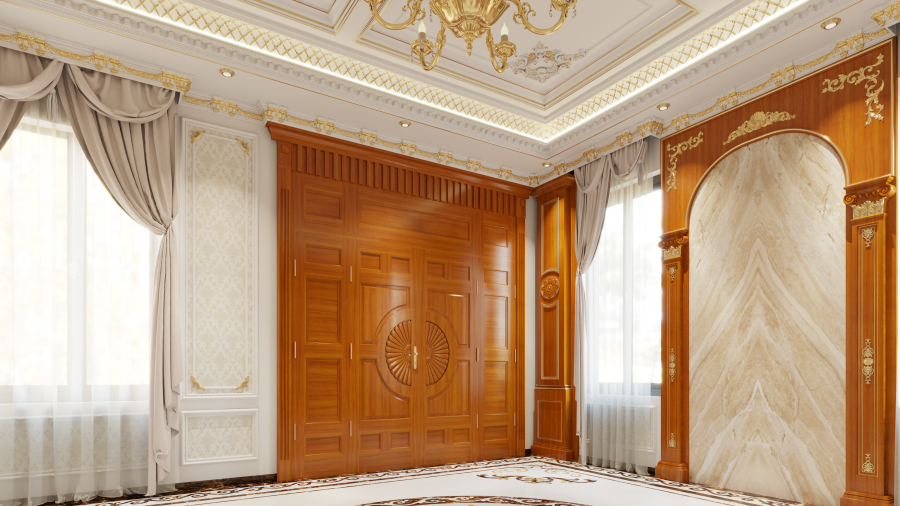 Thi công ốp cột gỗ gõ đỏ tân cổ điển